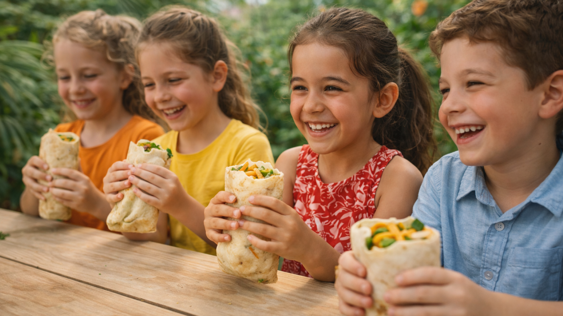 Vier kinderen lachen samen met een gezonde wrap